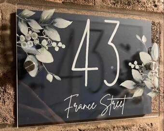 Bespoke Modern contemporary house sign plaque door number eucalyptus door sign personalised acrylic door