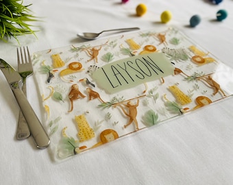 Jungle safari theme wipe clean acrylic placemat. Personalised Childrens place mat with name, children’s placement,