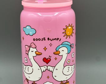 Silly Goose themed glass tumbler with acrylic lid and glass straw