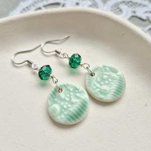 Green Porcelain Dangle Earrings, Handmade Earrings, Crystal Earrings Silver, Ceramic Jewelry, Unique Earrings, Christmas Gift for Her