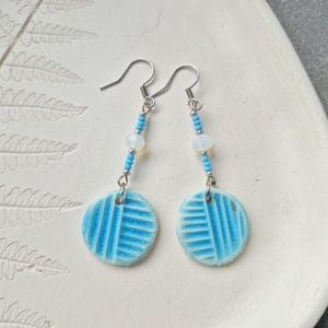 Blue Porcelain Dangle Earrings, Round Handmade Earrings with Beads, Textured Ceramic Jewelry, Hypoallergenic Gift for Her