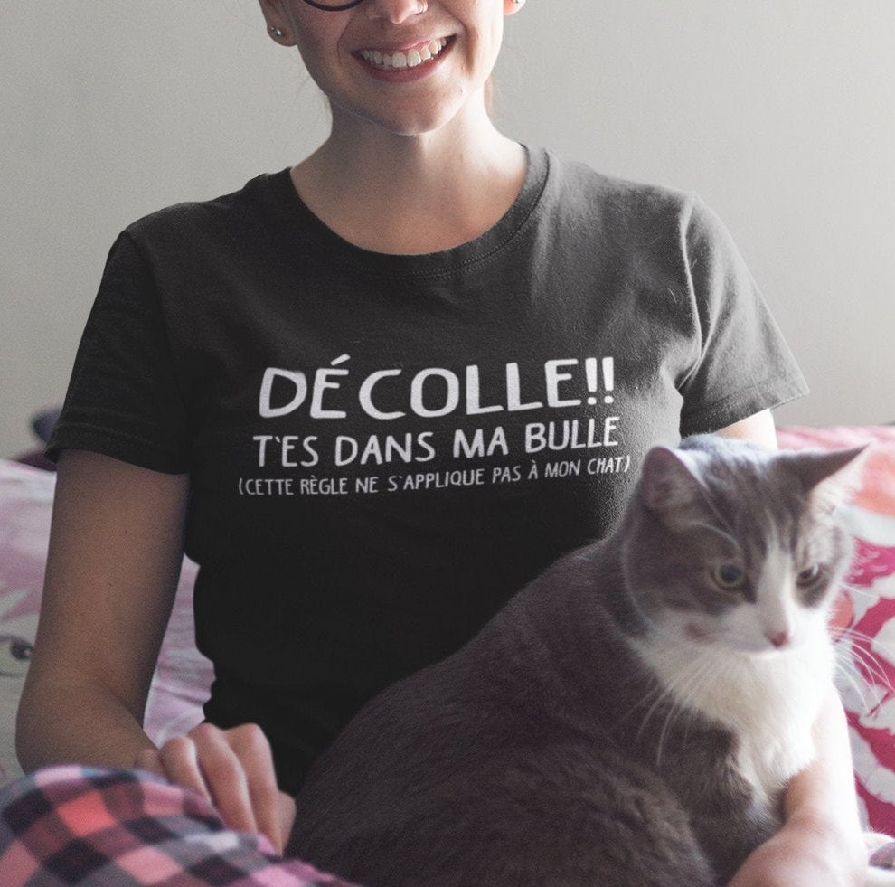 Decolle T Es Dans Ma Bulle Cette Regle Ne S Applique Pas A Mon Chat T Shirt A Col Rond Manches Courtes Chat