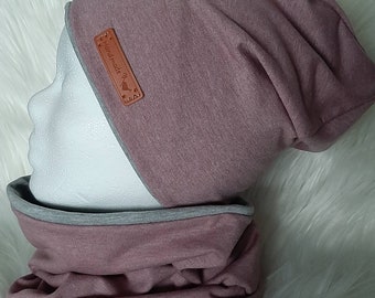 Schönes Jersey Frühling Set Beanie Mütze und Loop Jersey grau rosa meliert gr wählbar