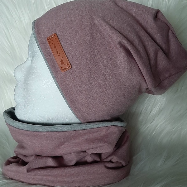 Schönes Jersey Frühling Set Beanie Mütze und Loop Jersey grau rosa meliert gr wählbar