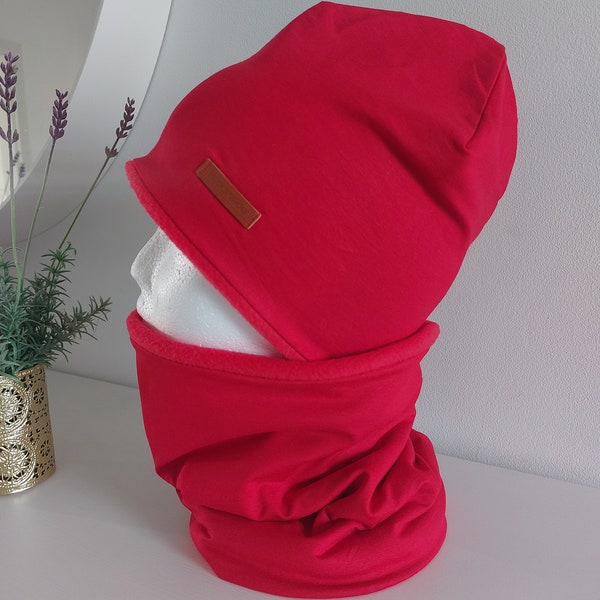 Winter set winter hat beanie hat and loop jersey red polar fleece red