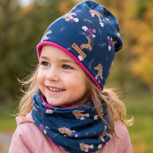 Vinterset: mössa (Benie) och halsduk med ögla, bomullsjersey, mörkblå, hästfleece, rosa, storleksvalbar