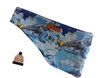 Stoere jongens hoofdband blauwe dino&#39;s Trex binnenkant fleece of jersey in donkerblauw maat selecteerbaar
