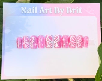 Pink Glitter Butterfly Nails | Butterfly Nails | Barbie Nails | Hand Painted Designs | Press-on Nails | Fake Nails | False Nails |