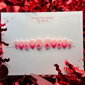 Pink French Nails | Valentine’s Day Nails | Hand Painted Designs | Press-on Nails | Fake Nails | False Nails |