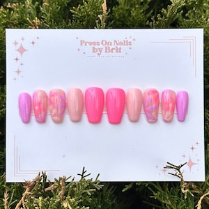 Pink and Purple Flower Nails | Floral Nails | Spring Nails |  Hand Painted Designs | Press-on Nails | Fake Nails | False Nails |