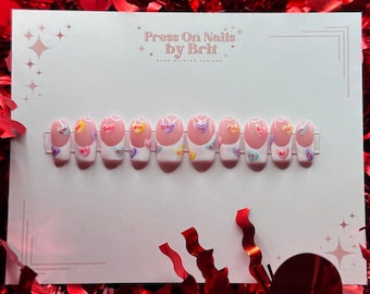 Conversation Heart Designs | Valentine’s Day Nails | Hand Painted Designs | Press-on Nails | Fake Nails | False Nails |