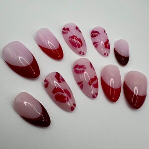 Kiss Me Red French Nails|  V-Day Nails | Valentine&#39;s Day Nails | Press-on Nails | Fake Nails | False Nails |