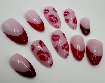 Kiss Me Red French Nails|  V-Day Nails | Valentine's Day Nails | Press-on Nails | Fake Nails | False Nails |