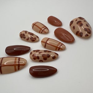 Brown Plaid and leopard Print Nails | Fall Nails | Hand Painted Designs | Press-on Nails | Fake Nails | False Nails |