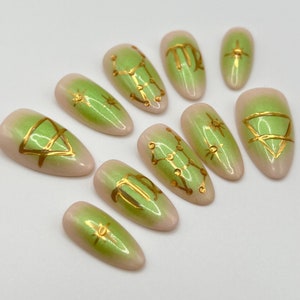 Virgo Nails | Green and Gold Aura Nails | Zodiac Sign Nails | Hand Painted Designs | Press-on Nails | Fake Nails | False Nails |
