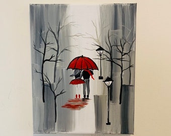 Love in the rain, Valentines Day Gift for him/her, Acrylic painting on Canvas 8" x 10" or 11" x 14".