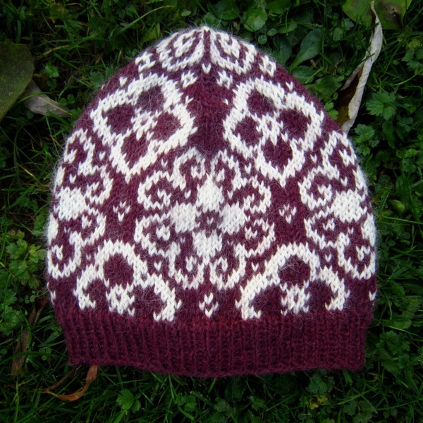 Beanie Strick-Mütze feines 100% Alpaca-Wolle Norweger handgestrickt Gr. S/M (52-56cm) pflaume-naturweiß