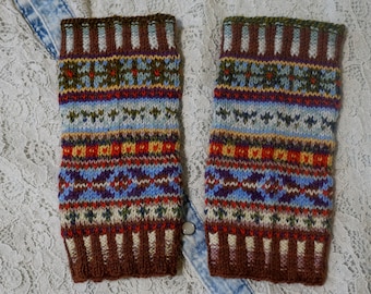 Cuffs wrist warmers hand knitted one size 'Fair Isle' extra long hand cuffs arm cuffs hand warmer gift Norwegian unique