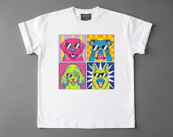 Camiseta con cara de perro, estilo pop art, perros coloridos, divertida, regalo