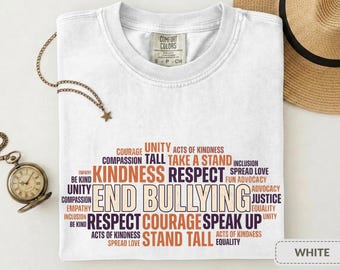 Camiseta antibullying con diseño de palabras para acabar con el acoso escolar. Regalo perfecto.