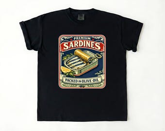 Camiseta estampada con sardinas vintage en aceite de oliva – Ropa para amantes del pescado en conserva