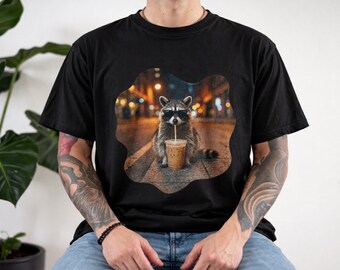 Raccoon Iced Coffee Shirt, Sunglasses Raccoon Graphic Tee, Garment-Dyed Cotton