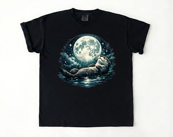 Camiseta con diseño de nutria y cielo nocturno a la luna – Camiseta con ilustración de nutria de ensueño