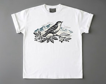 Camiseta Linocut con estampado gráfico de ramas de pájaros botánicos en un solo color