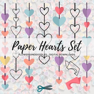 May include: A digital download set of printable paper heart garland designs. The set includes five different designs of paper heart garlands, each with a different colour scheme. The designs are perfect for Valentine's Day, weddings, or any other special occasion.