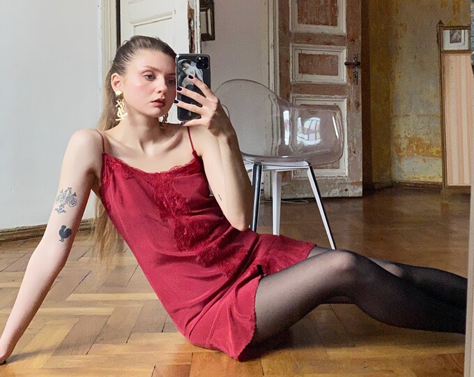 Vintage Silk Nightdress Red Night Slip Dress With Lace Trim Etsy