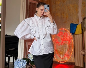 Vintage White Blouse with Ruffles, High neck and Puff Sleeves