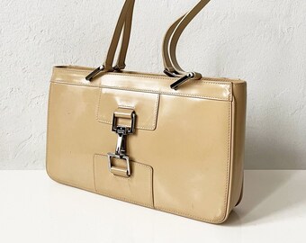 Vintage 90s GUCCI Bag, Beige Patent Leather Gucci Jackie tote bag