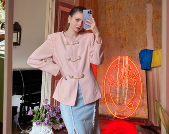 Vintage Rosa Blazer mit Strasssteinen, Damen Statement-Anzugjacke