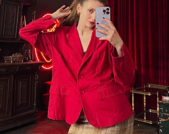 Vintage Red Linen Blazer, Linen Jacket, Summer Blazer, Cotton Blazer