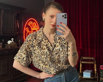 Vintage Animal Print Silk Blouse, Button Up Short Sleeve 100% Silk Shirt