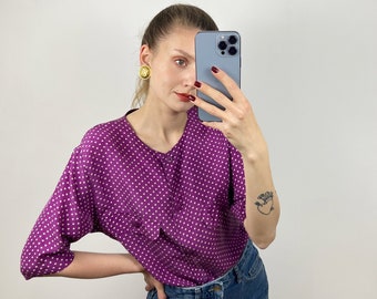 Vintage Silk Polka Dot Blouse, Short Sleeve Button Up shirt