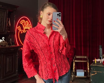 Vintage Rote Crinkle Shirt, Langarm Bluse mit Knöpfen