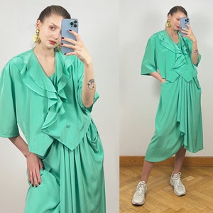 1980's Silky Mint Dress with pockets, Midi Dress,Half Sleeve Long Dress, 80s dress