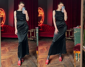 Vintage Black Satin Evening Dress with embroidery, Sleeveless Silky Maxi Dress, Formal dress