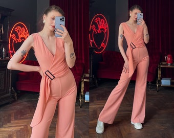 Vintage Pink Jumpsuit, Peach Color Sleeveless Wide Leg Jumpsuit