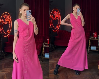 Vintage Pink Embroidered Maxi Dress, Sleeveless Evening Dress, Formal dress