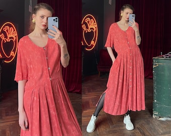 Vintage Pink Maxi Dress with pockets, Short Sleeve Button Front Dress, Sun Dress