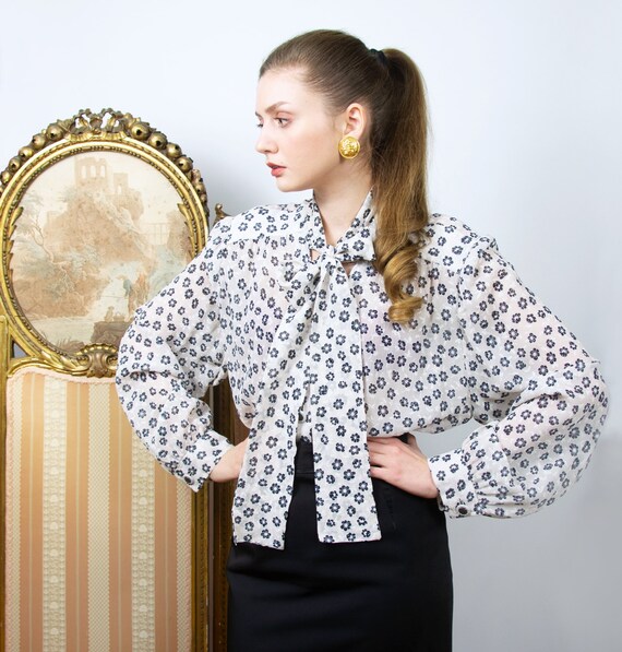 Vintage Silk Pussy Bow Blouse, Floral Silk Chiffon