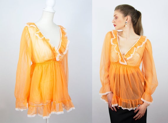 Vintage Sheer Blouse | Orange Blouse Chiffon Blous