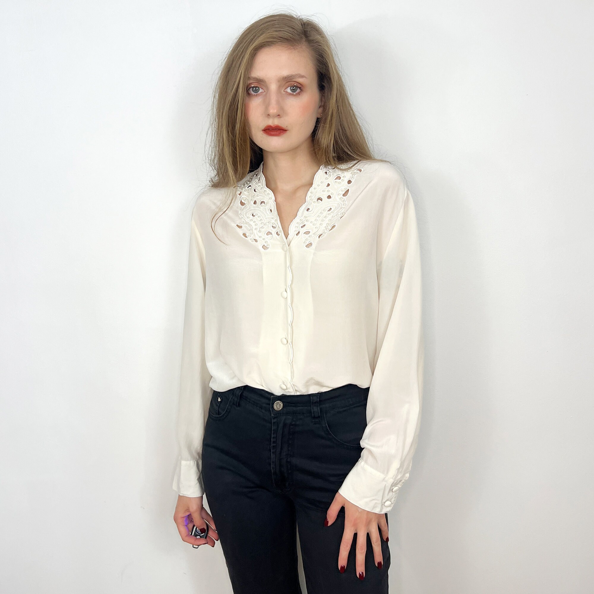 Vintage White Silk Blouse With Embroidery and Pearls, White Vintage White Silk Blouse With Embroidery and Pearls, White