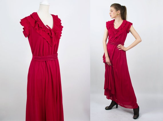 Vintage Ruffle Dress | Long Red Dress Sleeveless D