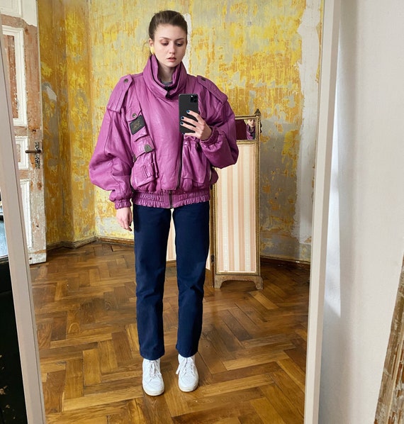 Vintage Pink Leather Jacket, Leather Bomber Jacket