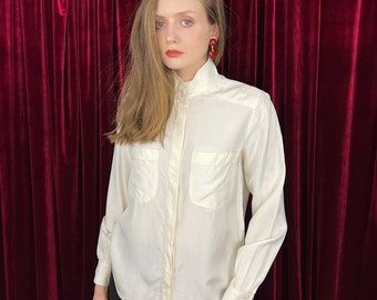 Vintage witte zijden blouse, puur zijden shirt met lange mouwen, minimalistische kleding