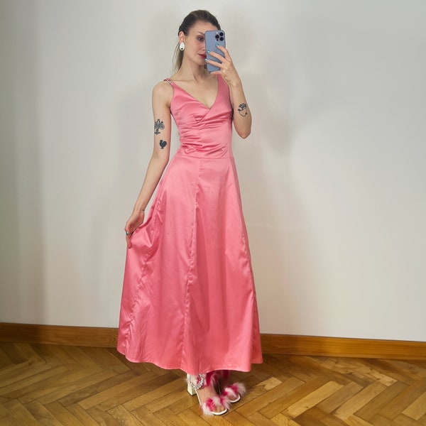 Vintage Pink Satin Dress, Lilac Dress, Silky Sleeveless Maxi Dress