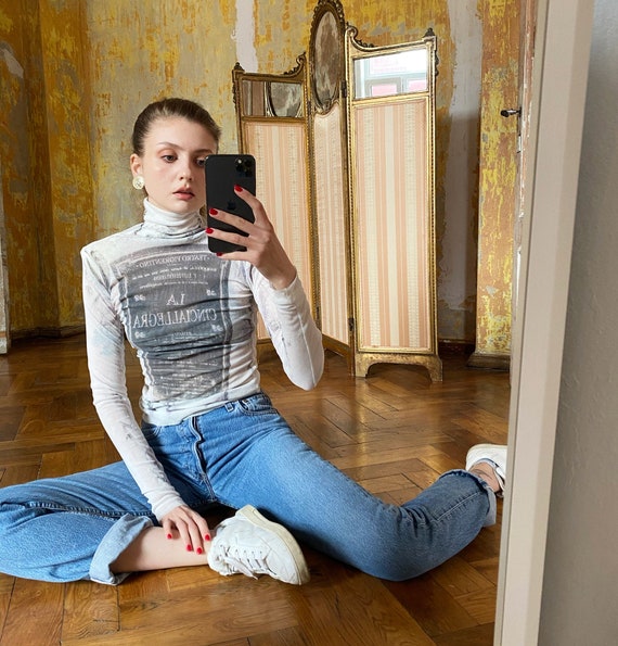 90s Mesh Top, High Neck Printed Mesh Shirt, White
